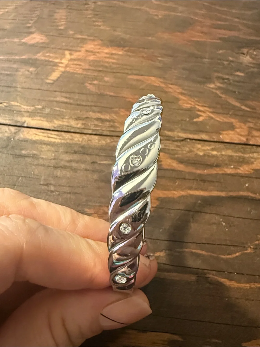 Silver 316L Stainless Steel Twisted Bangle Bracelet with Rhinestones